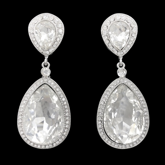 Clear Rhinestones Unique Double Teardrop Formal Silver Post Drop Earrings - Picture 1 of 3